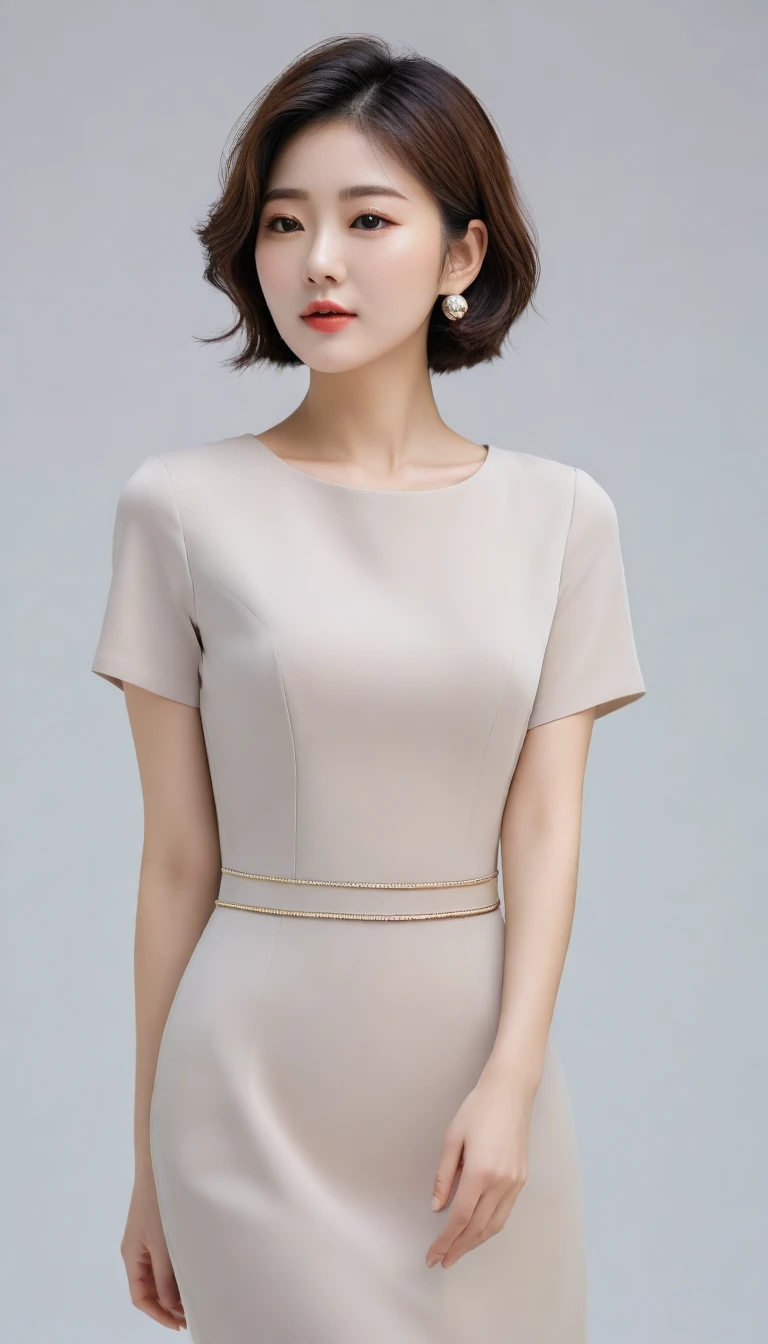 Close up of beautiful Korean woman, 34 inch chest size,Wearing a thin luxury brand short-sleeved dress, Short hair. waist line visible. Uh