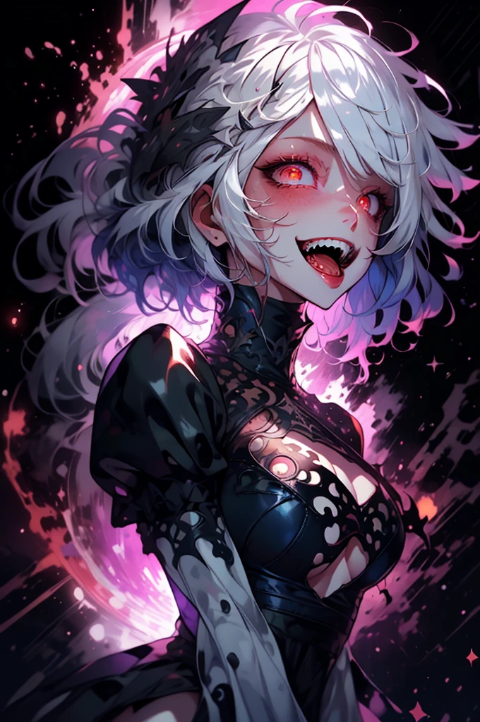 (Detailed illustration:1.3) hm2b, black dress, puffy sleeves, long sleeves, juliet sleeves, clothing cutout, breasts, gloves, thighhighs, black thighhighs, leotard, (white hair:1.2), psychophonky, psychotic, crazy smile, glowing eyes, fangs, tongue sticking out constricted pupils, small pupils