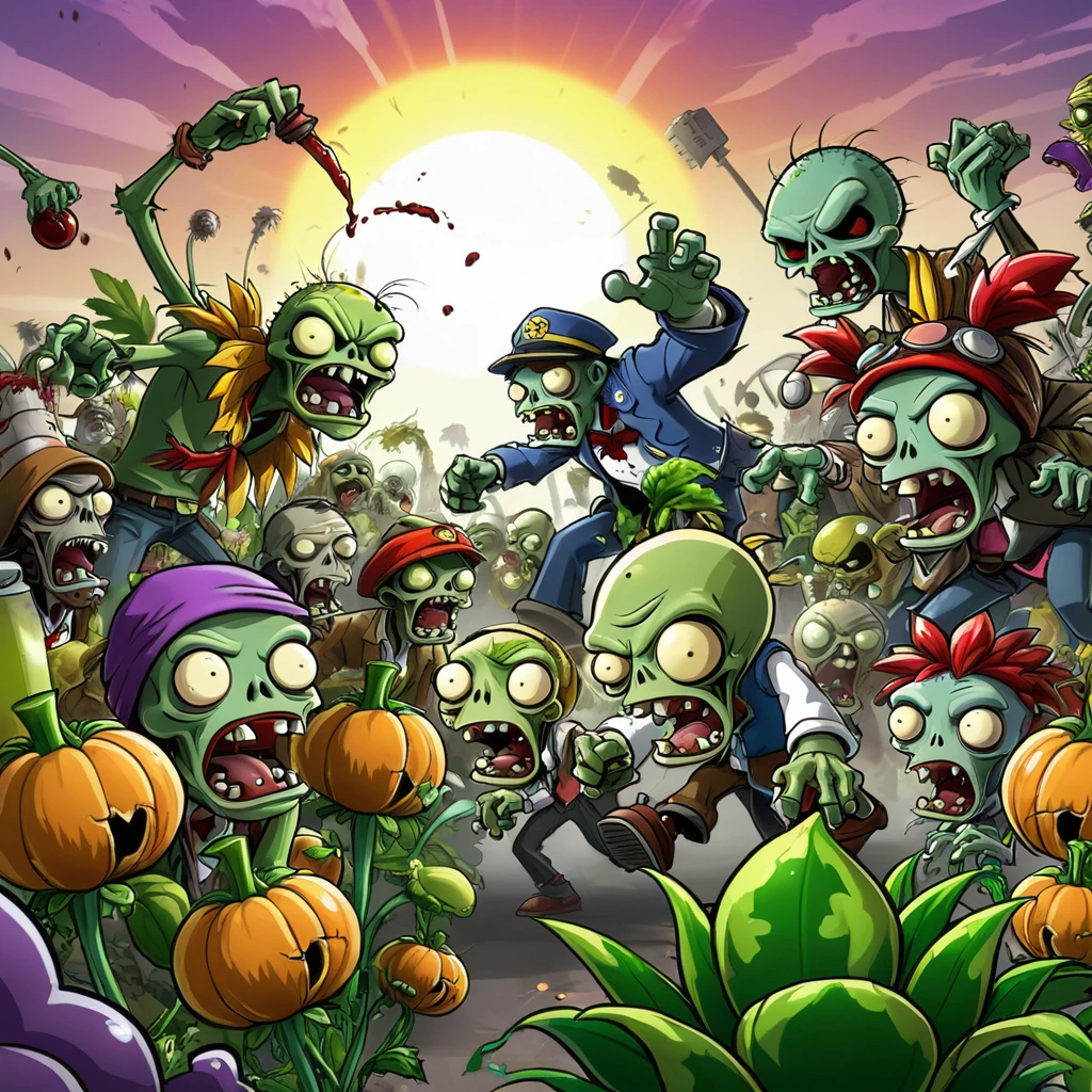 An incredibly beautiful and fantastic picture captures a scene from the legendary battle of animated plants with scary and ruthless zombies, the theme of Plants vs. Zombies, full compliance with the theme, in detail and in detail, incredibly masterpiece