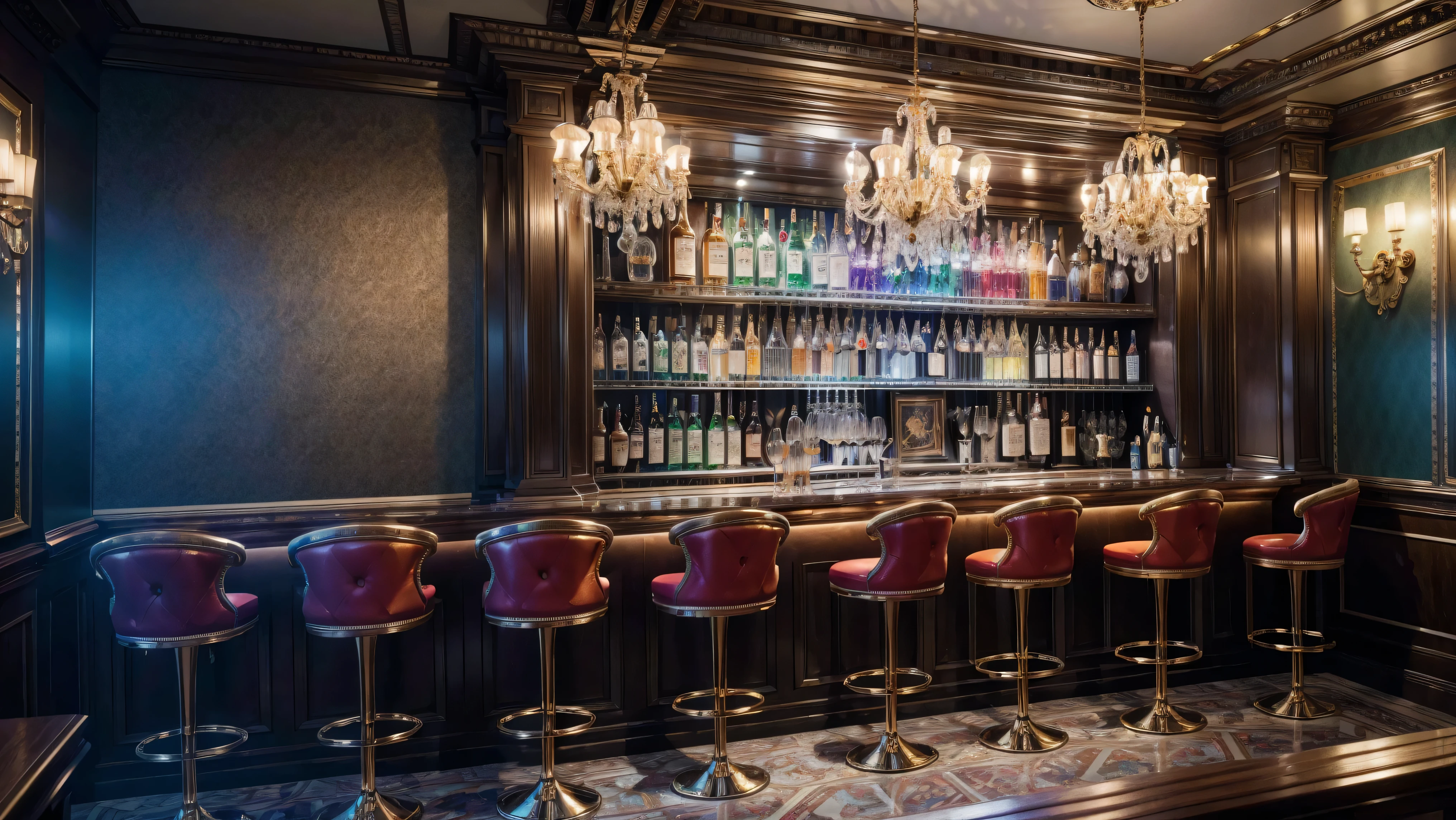 create an ultra-high definition, hyper-realistic, highly detailed, high quality image with sharp focus, professional lighting, vivid colors and intricate details, representing in detail a Pub modern, bar area with high stools, displaying a selection of spirits, shelf with drinks, meticulously capturing every intricate detail. utilize state-of-the-art deep learning models and adjust parameters according to quality metrics such as structural similarity (SSIM) and perceptual loss to create an indistinguishable image from a high-quality real photograph, sharp focus Fujifilm XT3, professional lighting, vivid colors, intricate details, film grain, realistic painting art Fujifilm XT3, f5.6, physically based rendering, natural lighting, cinematic lighting, dramatic lighting, professional, dynamic motion, colorful lighting, colors vibrant, studio lighting, professional photography, cinematic compositing, symmetrical framing, landscape, (best quality,4k,8k,16k,Highest,masterpiece:1.2),(realistic,photorealistic,photo-realistic:1.37), (extremely detailed CG unit, 16k wallpaper), 16k UHD, 16k HDR, (ultra-high definition, hyper-realistic, highly detailed, high image quality, sharp focus, professional lighting, vivid colors and intricate details),