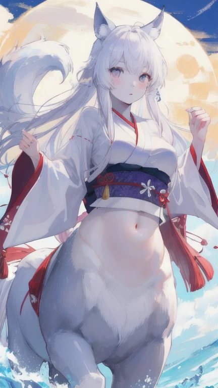 (best quality, masterpiece), 1 girl, centaur, It takes, White skin, Japanese , exposing the abdomen,belly button t-shirt, 아름다운 소녀 perfect wolf photo, perfect wolf photo