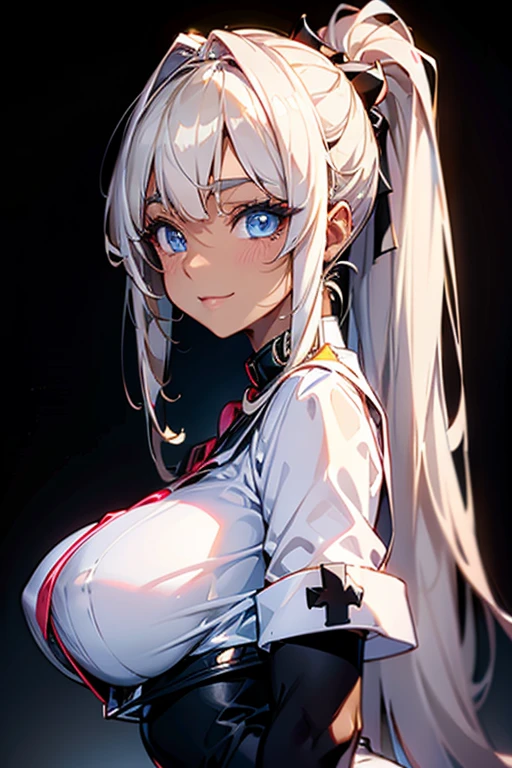 Portrait、、Bright expression、ponytail、Young, shiny, glossy skin、Gloss Face、Shining Cheek Gloss、Small Face Beauty、The best beauty、The dazzling light of silky silver hair、Bright blonde hair with dazzling highlights、Very beautiful silver hair、super long silky straight hair、Her shiny, beautiful bangs are covering her eyes.、Sparkling, clear, attractive, bright, large, pale blue eyes、Very big eyes、eyeliner、very beautiful lovely cute 16 year old girl、(huge Bust:1.6), full body , smile , (dark skin :1.3), wearing nurse uniform