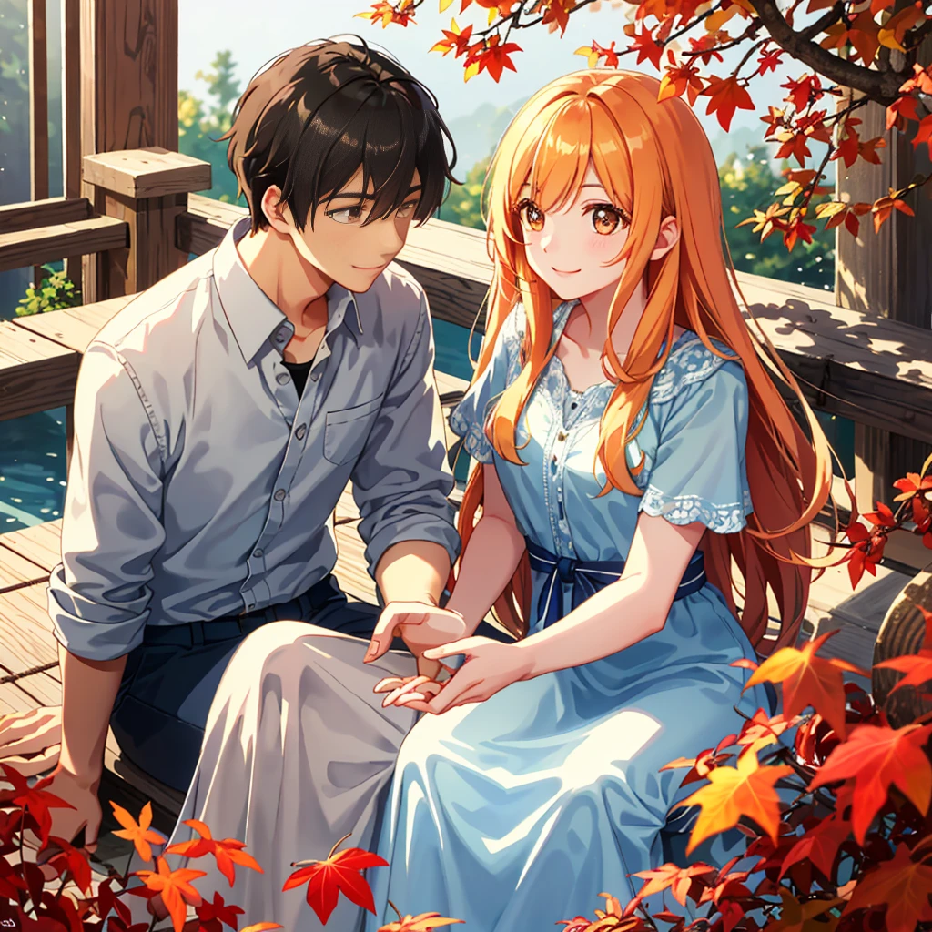 Young couple in high school, in love, Exchange heartfelt words, 幸せなsmile, Ultra-detailed, Realistic, Highest quality, 4K, Atmospheric, Clean Lines, Vibrant colors, Light of the sun, Close-up of face, Sharp focus, Depth of written boundary, sunny, Autumn leaves falling, shades of orange and red, Gentle breeze, Soft Shadows, Dreamy Background.

boy: (Look deep into her eyes) I've fallen in love with you, You know?
girl: (Touch his hand gently) I&#39;ve known for a long time. I loved you too.
boy: (smile) happy.