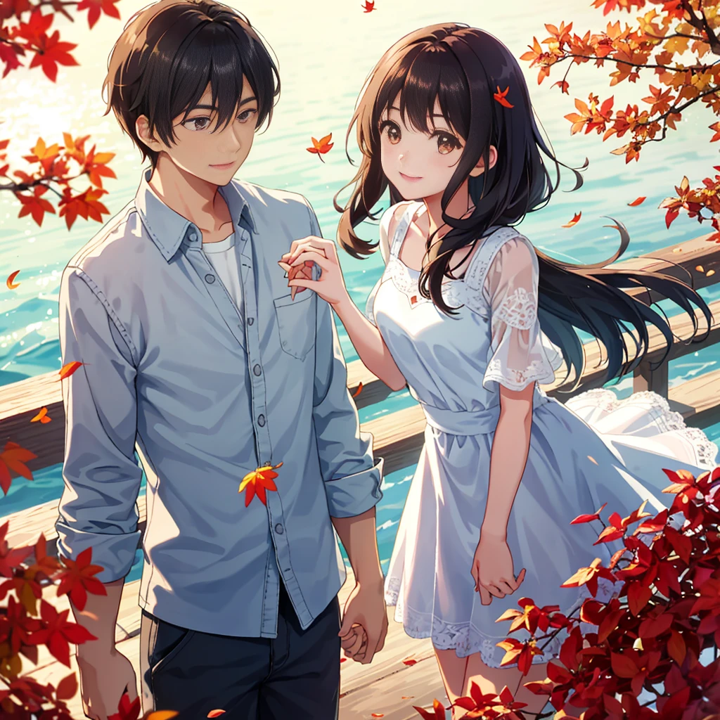 Young couple in high school, in love, Exchange heartfelt words, 幸せなsmile, Ultra-detailed, Realistic, Highest quality, 4K, Atmospheric, Clean Lines, Vibrant colors, Light of the sun, Close-up of face, Sharp focus, Depth of written boundary, sunny, Autumn leaves falling, shades of orange and red, Gentle breeze, Soft Shadows, Dreamy Background.
boy: (Look deep into her eyes) I've fallen in love with you, You know?
girl: (Touch his hand gently) I've known for a long time. I loved you too.
boy: (smile) happy.