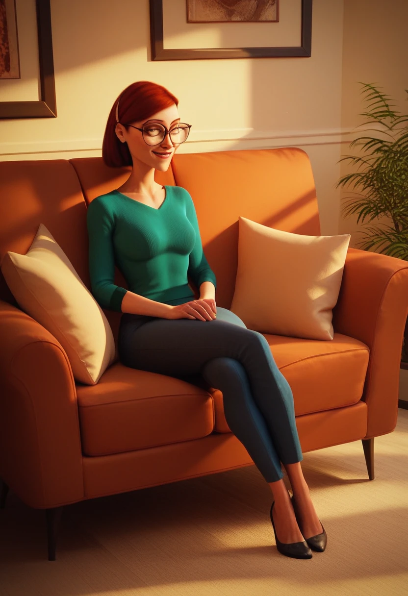 score_9, score_8_up, score_7_up, score_6_up, score_5_up, score_4_up, RioLinda, glasses, Auburn hair, full body, sitting on sofa, light smile