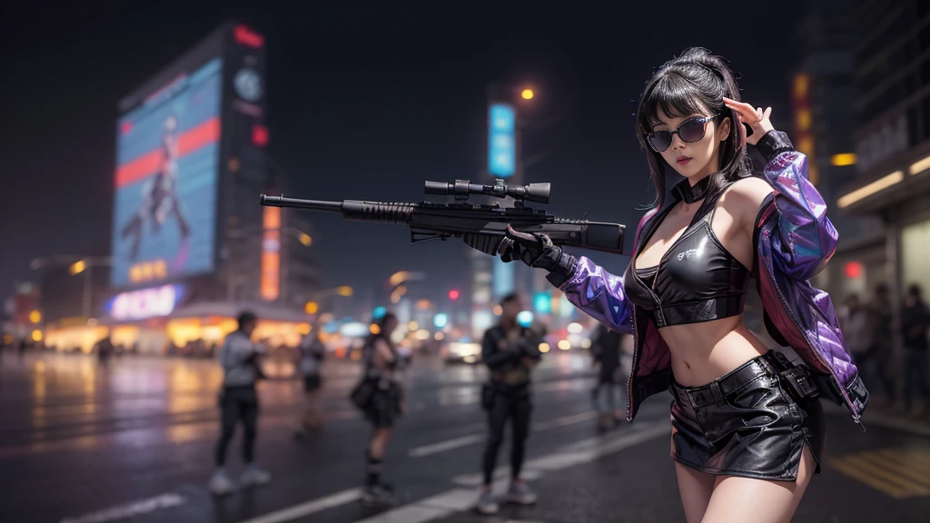 8k, Realistic Skin Texture, Realistic Photo, Neo Tokyo, slim Japanese women, large-breast:1.3 cleavage:1.2, AD2050 at night, Dirty hunting jacket, Wearing tube top, miniskirt, (((black sunglasses, automatic rifle, sneakers, cold, shooting pose, low angle view))), Innovative composition, revenge, cyberpunk, blade runner worldview, Large neon sign, Geisha hologram sign, Strong Wakamoto Sign.