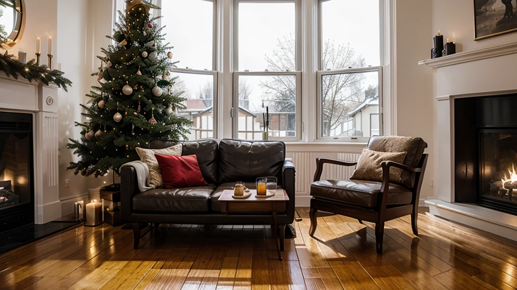Alav living room with Christmas tree and fireplace with candles,Floor glass,Snow outside the window