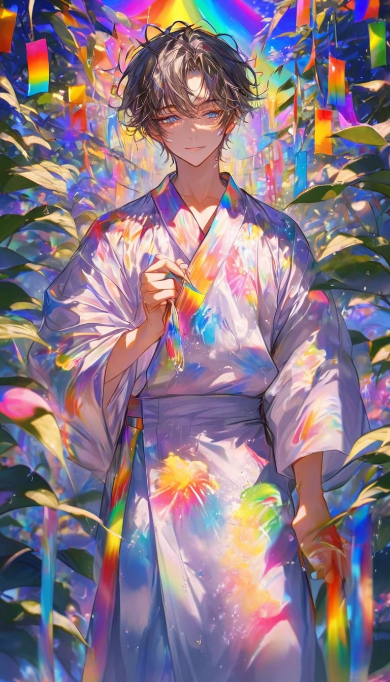 Tanabata、Strip、Bamboo leaf、Stripに願いをこめて、Stripを持っている、Grilling in a yukata,fluid,Particles of light, dream-like,Sparkling,dream-like glow,Paint drips,oil,strong stroke,Paint drips,Splash Paint Drop, oil,(Abstract:1.2)A boy made up of(Tanabataライトトレース:1.25),Change to (Radioluminescence light tracking) スタイルTanabata,(Cowboy Shot,Above Knee Portrait:1.25),Temple Fair,Summer festival,Shining in rainbow colors、16K, Ultra-high resolution, to be born,wonderful ,future、Iridescent、The world 30 years from now。