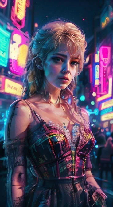 A sexy woman, blonde hair, 80's sexy clothes, neon lights on the streets, atmospheric synthwave scenario, hyper detailed, highly realistic, cinematic lighting, photorealistic, 8k, (best quality, 4k, 8k, highres, masterpiece:1.2), ultra-detailed, (realistic, photorealistic, photo-realistic:1.37), HDR, UHD, studio lighting, ultra-fine painting, sharp focus, physically-based rendering, extreme detail description, professional, vivid colors, bokeh