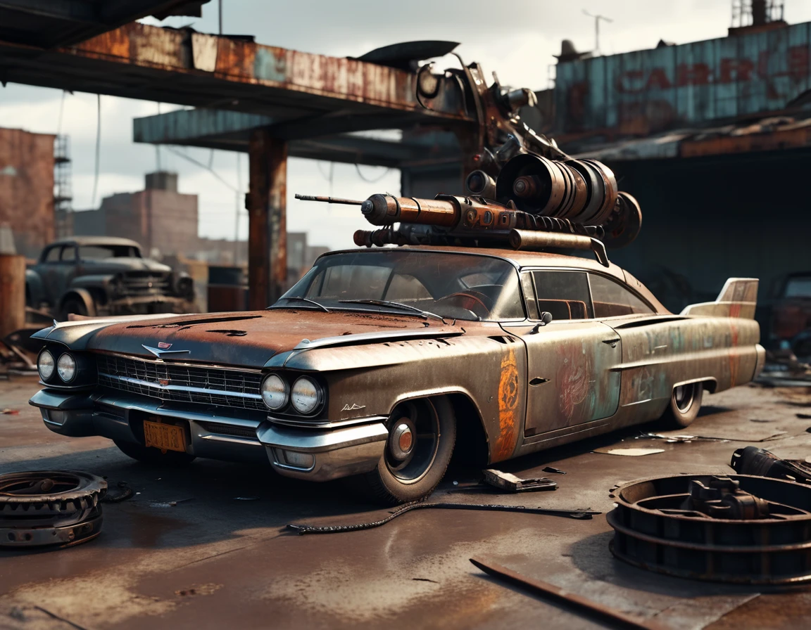 A Cadillac Deville tuning 1958 charger made of scrap metal, buzz saw launcher on the roof, post-apocalyptic, rusty, detailed grungy texture, weathered, worn, battle-damaged, dramatic lighting, cinematic, dystopian, muted colors, gritty, realistic, 8k, high quality, detailed description