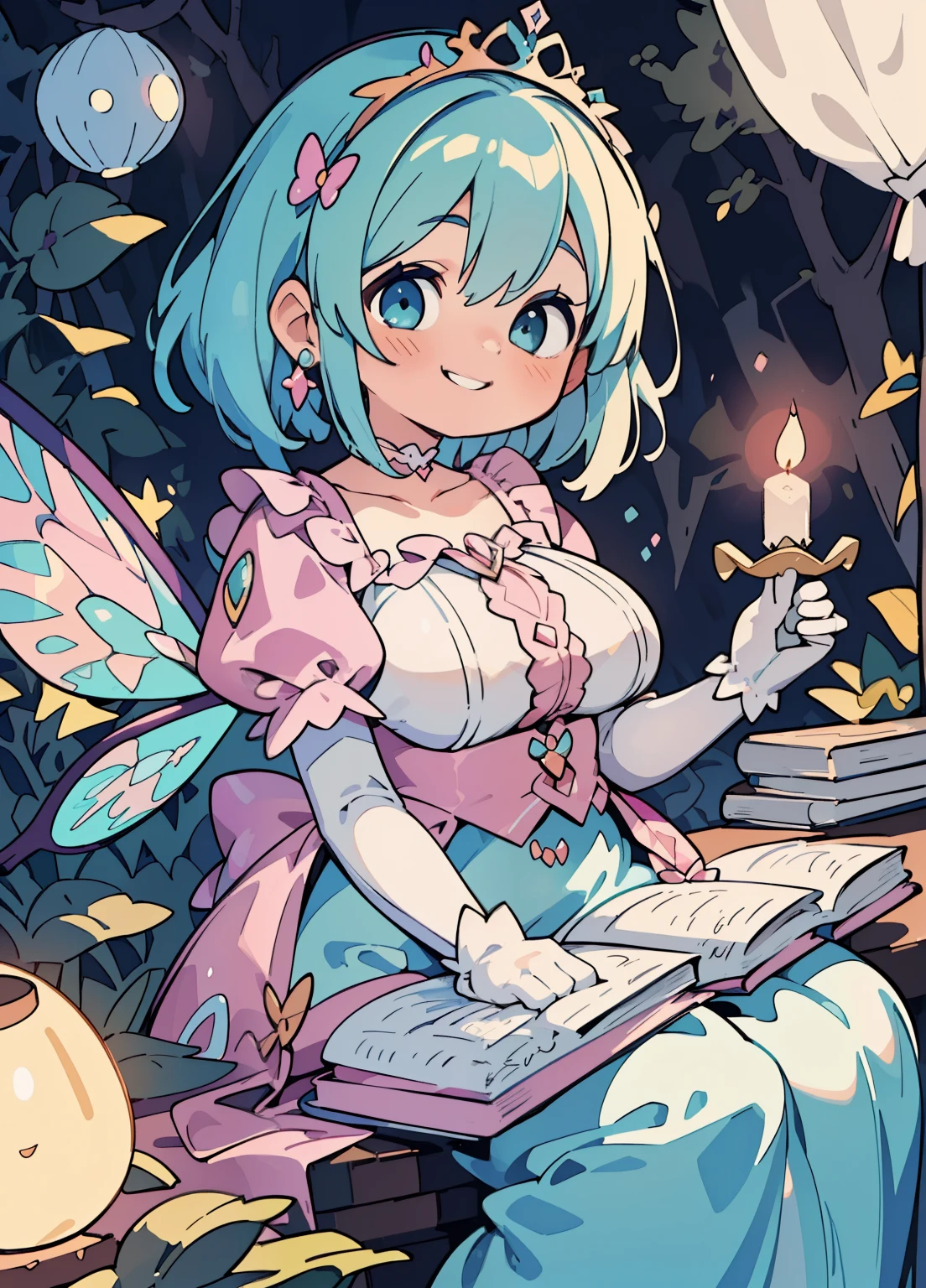 (masterpiece、Highest quality、Highest quality、Official Art、Beautiful and beautiful:1.2)、(One girl:1.3)Hatsune Miku、Twin tails,Beautiful breasts,(Fantasy World Room), (A fairy princess is reading a book at a desk by candlelight.,All except the fairies are huge,Super huge book:1.2),(Has fairy wings like a butterfly.), (Candlelight),((superwide shot, Ultra-wide field of view, whole body)), ((looks happy,smile,)), (Medium Hair:1.5), (tiara, Earrings, Beautiful choker), ((White gloves,pastel colourの肩がふわふわのボー ルガウンドレス:1.1, Balloon sleeves,Jewels, white lace and frills, Fairy wings from the back)), (Light pink blush, Plump pink lips,Large Breasts,Fair skin, Good style), (pastel colour,Candlelight, Bright colors)