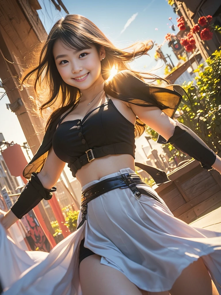 （8K、Raw photography、Highest quality、masterpiece：1.2),(Black Hair、Dark Eyes:1.9),(:1.6)、View your audience,Viewed from the front,White skin,(mitsubishi hair:1.4)、(Tight waist:1.6)、(Clothes that accentuate the shape of the breasts:1.0)、(Big Breasts :1.3)、Slim figure、Ultra-high resolution,beautiful,beautiful fece,(One person、No background:1.9),whole bodyボディー,Japanese women,（reality的：1.37）、Photon Mapping,reality、(Baby-faced and cute: 1.4)、(Cute Smile: 1.8)、(Round face: 1.8)、Radio City、Physically Based Rendering、Depth of field rally background、photograph, (I can see your knees、Thigh close-up:1.8),（:1.6）,whole body、Great quality