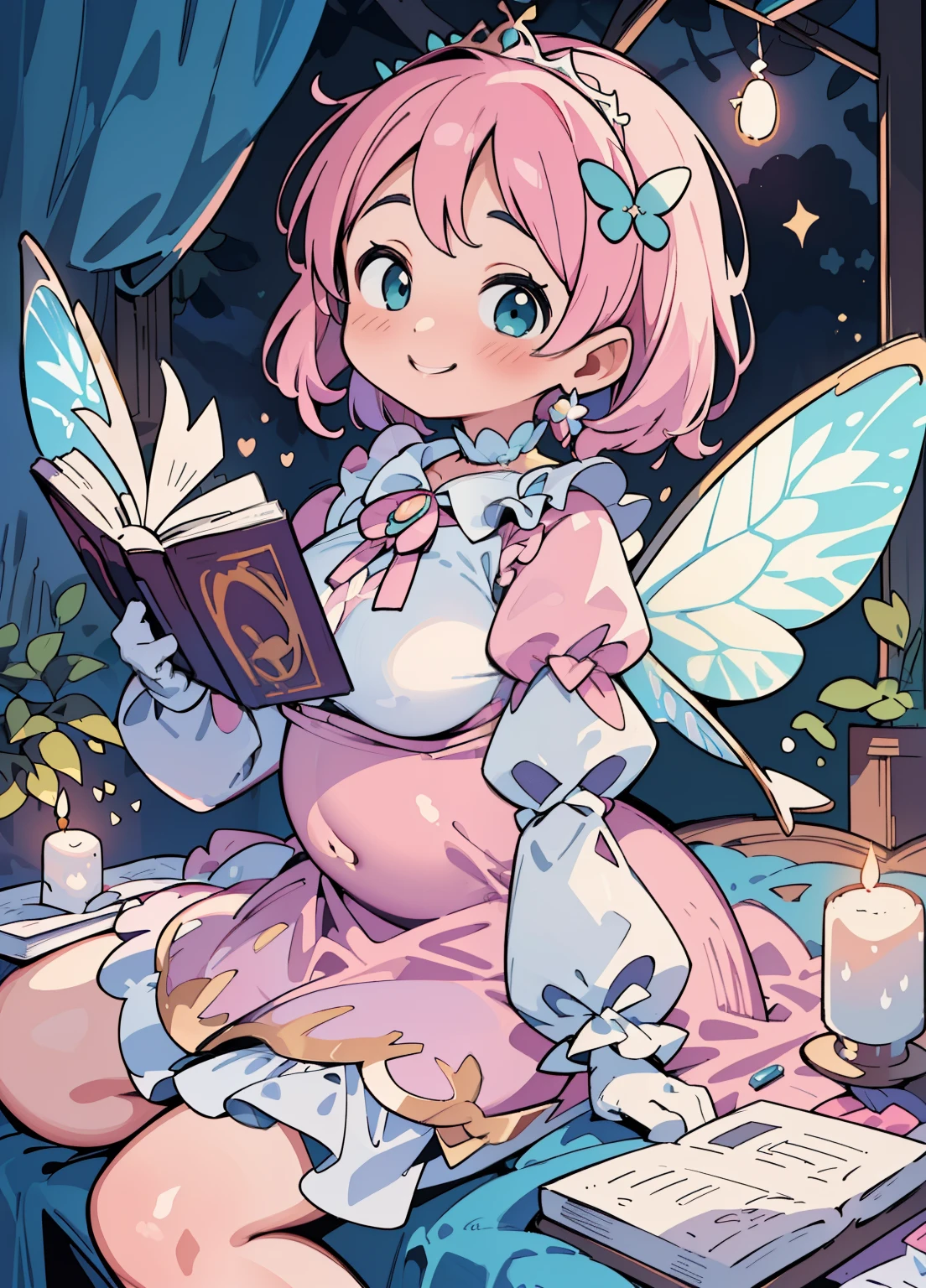(masterpiece、Highest quality、Highest quality、Official Art、Beautiful and beautiful:1.2)、(One girl:1.3)Hatsune Miku、Twin tails,Beautiful breasts,(Fantasy World Room), (A fairy princess is reading a book at a desk by candlelight.,All except the fairies are huge,Super huge book:1.2),(Has fairy wings like a butterfly.), (Candlelight),((superwide shot, Ultra-wide field of view, whole body)), ((looks happy,smile,)), (Medium Hair:1.5), (tiara, Earrings, Beautiful choker), ((White gloves,pastel colourの肩がふわふわのボー ルガウンドレス:1.1, Balloon sleeves,Jewels, white lace and frills, Fairy wings from the back)), (Light pink blush, Plump pink lips,Large Breasts,Fair skin, Good style), (pastel colour,Candlelight, Bright colors)