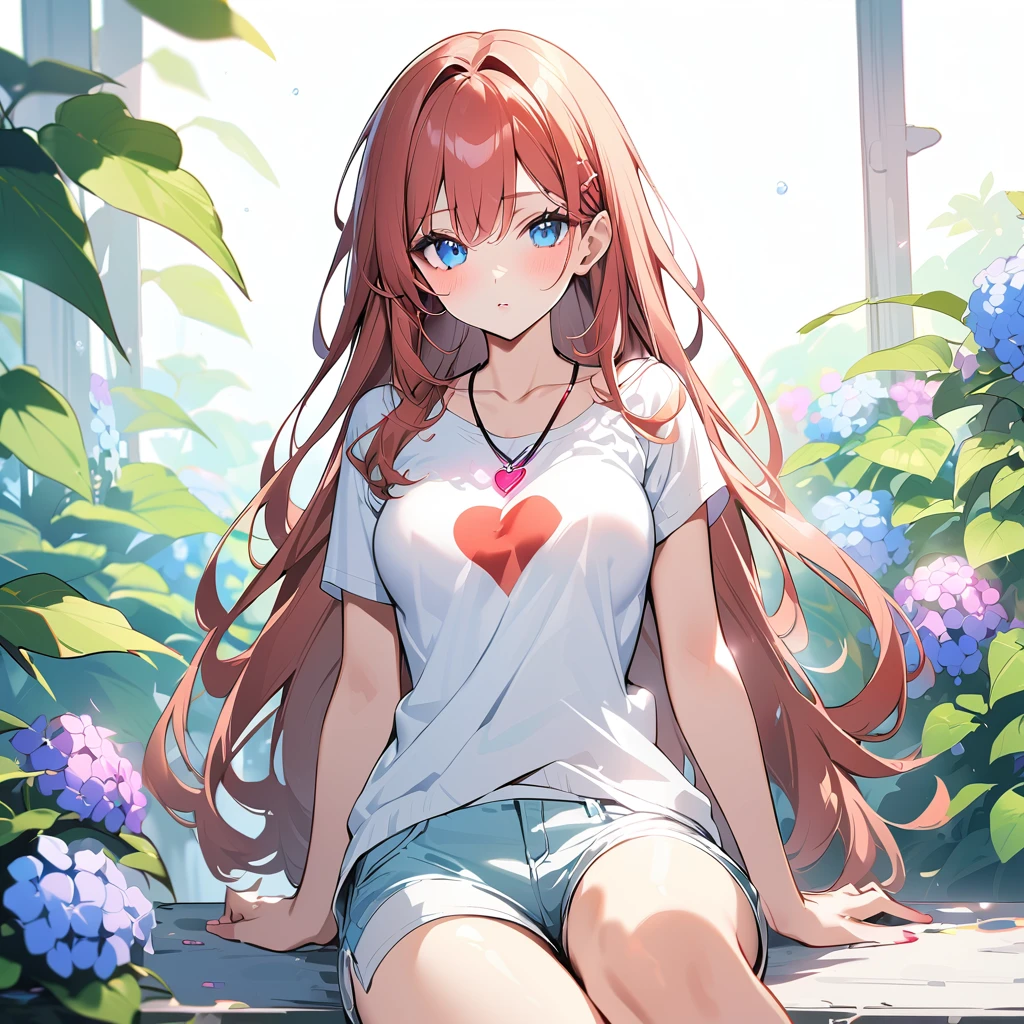 4K, June Scenario, Beautiful woman, long hair, chestnut hair, medium breasts, blue colored eyes, white shirt, hot pants, neon red heart necklace, gazing at viewer, natta, colorful hydrangea