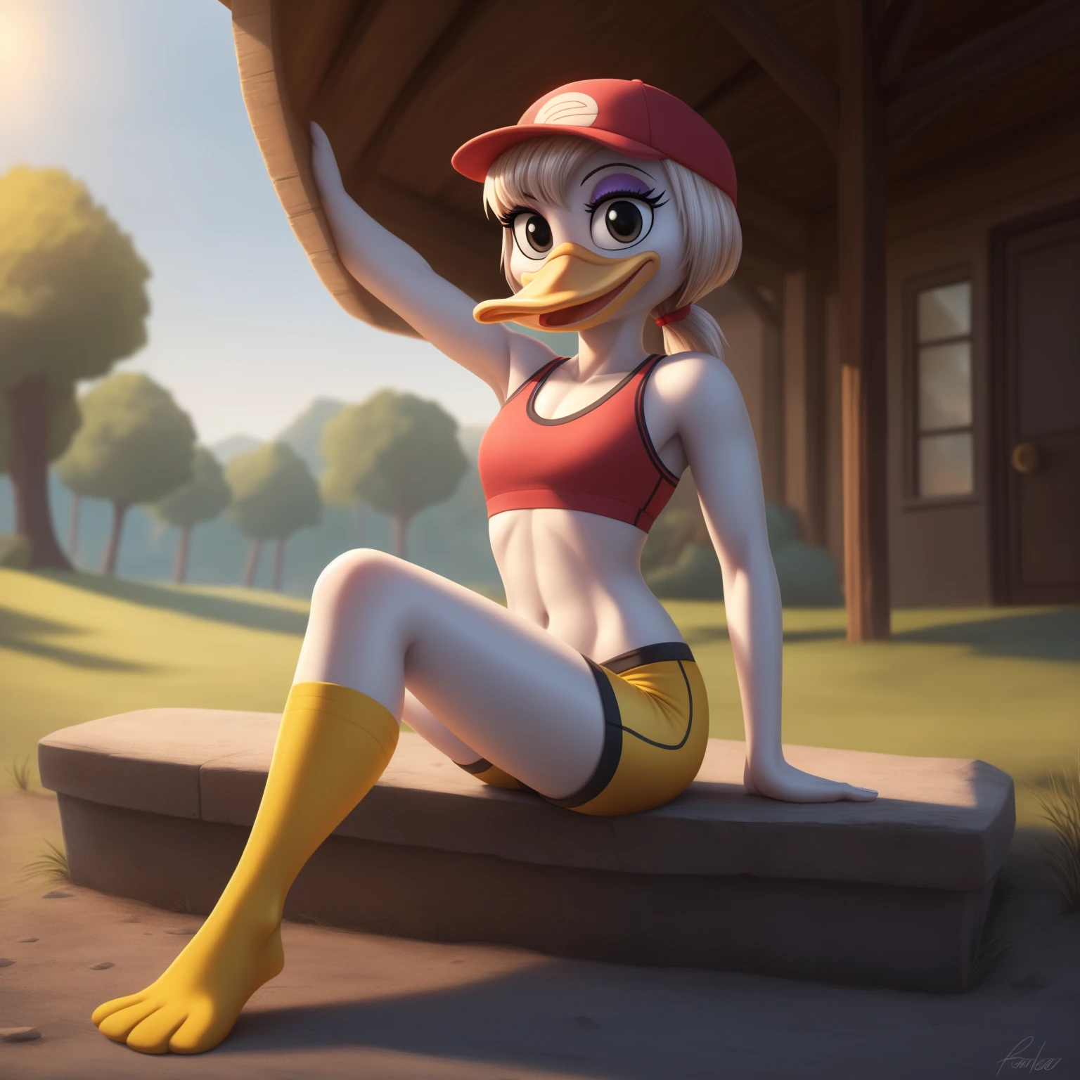 photorealism, adult female duck, Ginger Duck, detailed background, cartoon, outside, eyeshadow, cartoon beak, front long white hairstyle, back long white ponytail hairstyle, cartoon, (flat chested), (cartoon yellow legs: 1.5), happy, smiling, ducktales 2017, mouth closed, cartoon webbed feet

wear yellow sports bra, skinny yellow shorts, intricate, detailed, wears red and yellow cap hat, (sitting while stretching her skinny torso)

simple black eyes, detailed, intricate, (long skinny torso 1.3),

Best quality, (detailed white skin:1.4), (looking at the, 8k hd, (soft cinematic light:1.1) ,