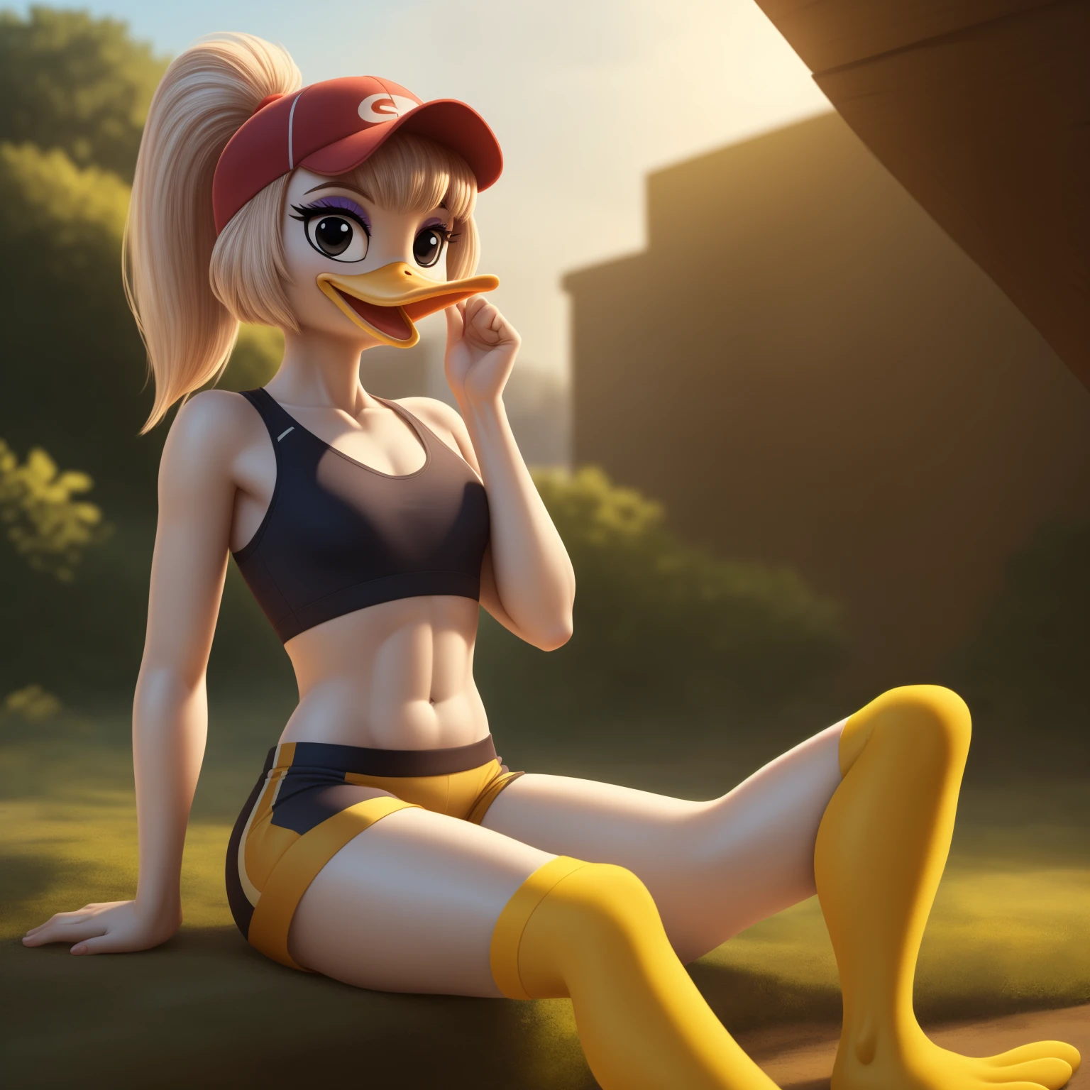 photorealism, adult female duck, Ginger Duck, detailed background, cartoon, outside, eyeshadow, cartoon beak, front long white hairstyle, back long white ponytail hairstyle, cartoon, (flat chested), (cartoon yellow legs: 1.5), happy, smiling, ducktales 2017, mouth closed, cartoon webbed feet
wear yellow sports bra, skinny yellow shorts, intricate, detailed, wears red and yellow cap hat, (sitting while stretching her skinny torso)
simple black eyes, detailed, intricate, (long skinny torso 1.3),
Best quality, (detailed white skin:1.4), (looking at the, 8k hd, (soft cinematic light:1.1) ,