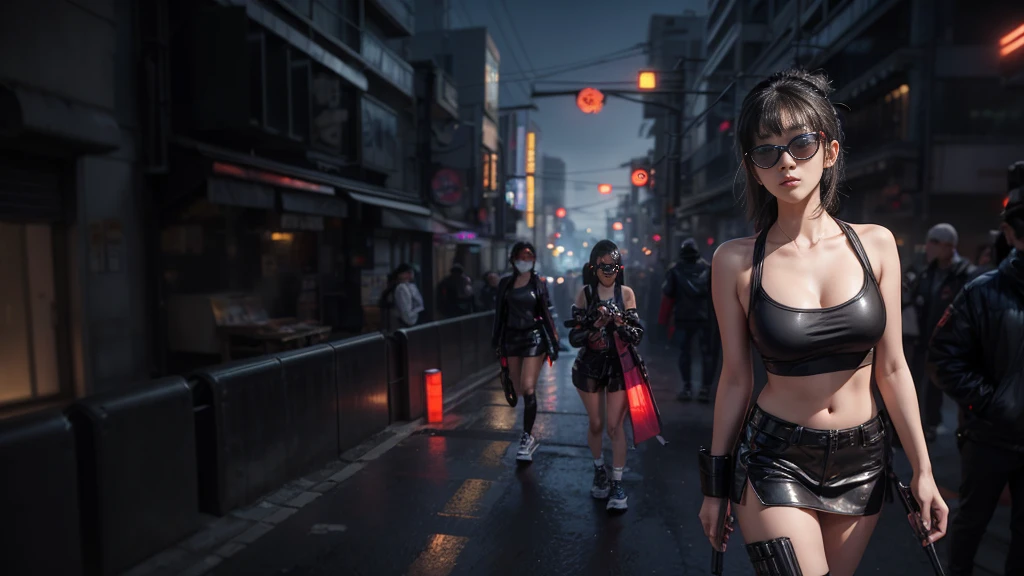 8k, Realistic Skin Texture, Realistic Photo, Neo Tokyo, slim Japanese women, large-breast:1.3 cleavage:1.2, AD2050 at night, Dirty hunting jacket, Wearing tube top, miniskirt, (((black sunglasses, automatic rifle, sneakers, cold, shooting pose, low angle view))), Innovative composition, revenge, cyberpunk, blade runner worldview, Large neon sign, Geisha hologram sign, Strong Wakamoto Sign.