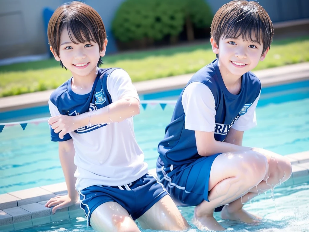 Summer 、Summer swimming pool、Get wet all over、Japan Boy、Glowing water splashes、A good boy dripping with water、Playing innocently、hot day、Two Boys、Various poses、Short sleeve gym uniform、Blue shorts、physical education、barefoot,Boys only 、10age