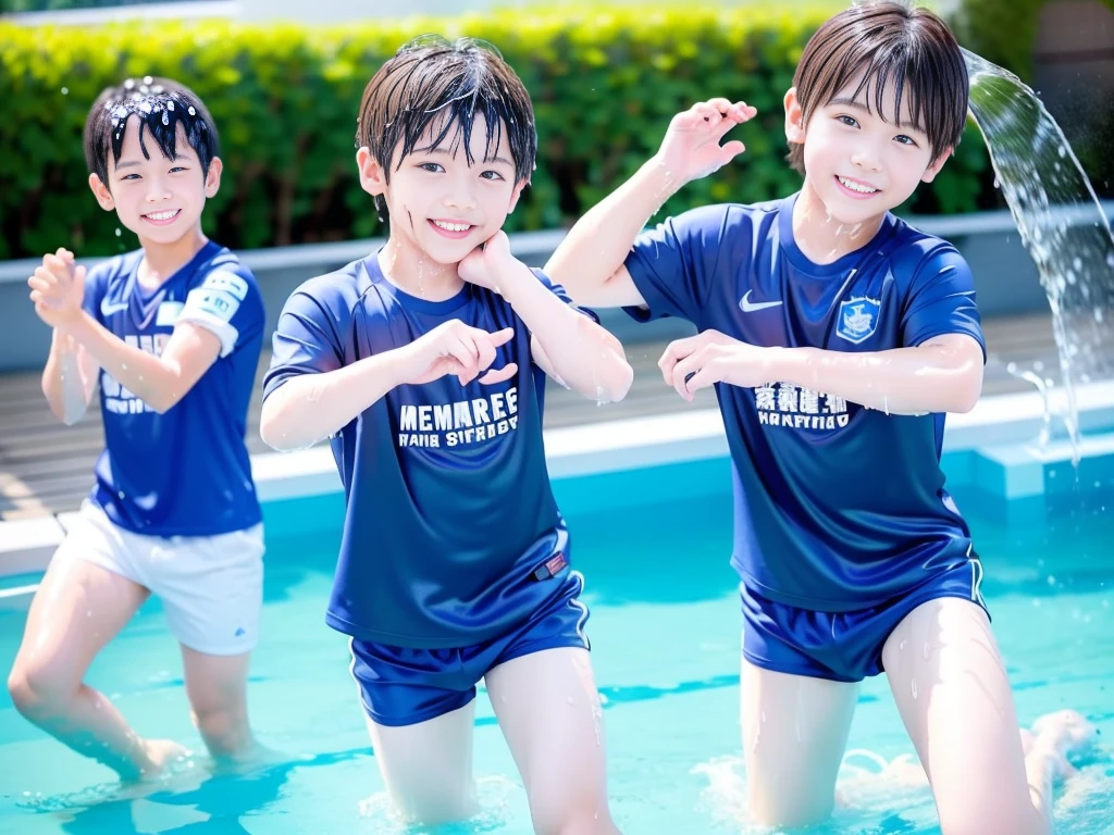 Summer 、Summer swimming pool、Get wet all over、Japan Boy、Glowing water splashes、A good boy dripping with water、Playing innocently、hot day、Two Boys、Various poses、Short sleeve gym uniform、Blue shorts、physical education、barefoot,Boys only 、10age