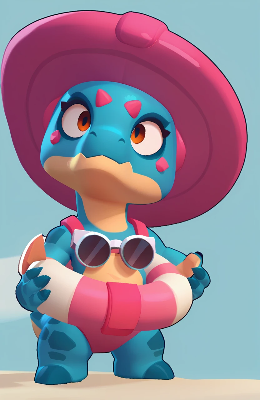 full view of a dinosaur, female, dark blue skin, friendly dinosaur, having a pink and white buoy, dinosaur animal, brawl, brawl stars