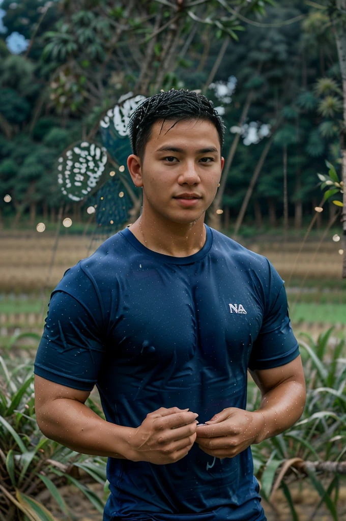 独奏 , 1 person , Image of a handsome Asian rugby player, short hair, no beard, muscular, big muscles, wearing a navy blue round neck t-shirt, wet, outdoors, rice field, countryside, hut, Thailand, Laos, Burma, Asia. ,(bokeh background:1.5)