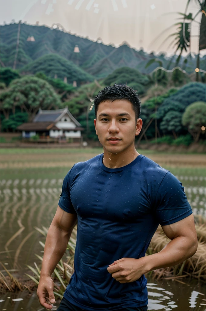 独奏 , 1 person , Image of a handsome Asian rugby player, short hair, no beard, muscular, big muscles, wearing a navy blue round neck t-shirt, wet, outdoors, rice field, countryside, hut, Thailand, Laos, Burma, Asia. ,(bokeh background:1.5)