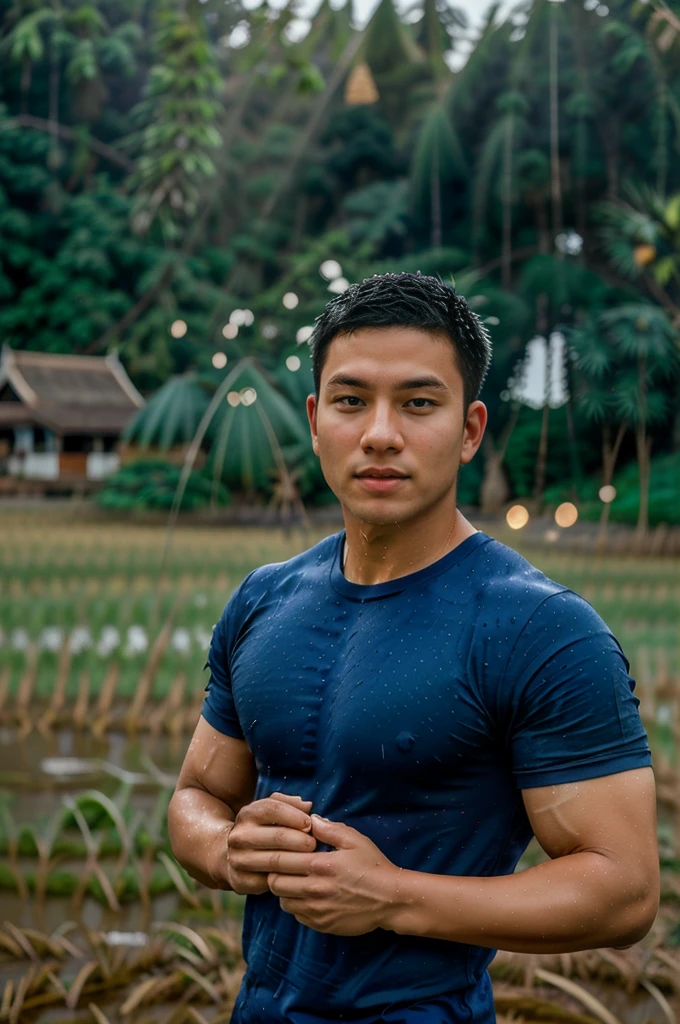 独奏 , 1 person , Image of a handsome Asian rugby player, short hair, no beard, muscular, big muscles, wearing a navy blue round neck t-shirt, wet, outdoors, rice field, countryside, hut, Thailand, Laos, Burma, Asia. ,(bokeh background:1.5)