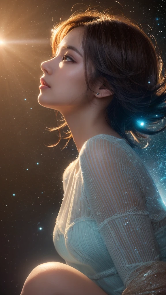 (In 8K, Highest quality, Tabletop, Ultra-high resolution, High quality face:1.5), (Lots of details), (Android in the form of a girl:1.3),(Realistic:1.4), (From the side:1.6), (Very white skin, Clear skin, Glowing Skin:1.4), Pin Spot Light, (The eyes are connected to the universe through high-performance lens eyes.　Long eyelashes:1.5), Kiss the Earth Gentlely, Shiny, wig hair, Duck mouth, Gloss Lip, de luz, cute, fresh, ((Wear an earth-colored dress)), Earth water dripping, Scattered and Shining, Celluloid Blue, Luminous Spiral, mist, Lighting by world-class AI creators, dream-like, Digital Art, universe space, no gravity, Swaying, Light and deep texture