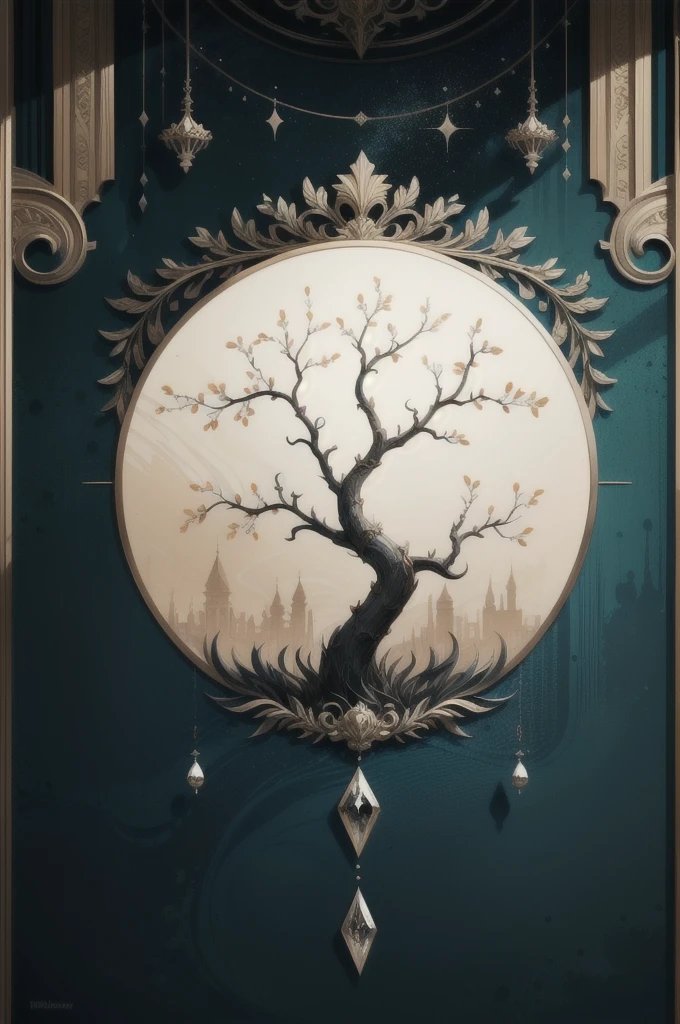 Nordic tree-shaped solitaire,Flat style, abstract artistic,Graphic design,symmetry, Math, Renaissance, Oil painting, 2D canvas, highly detailed, complex, Classic paint, Black monochrome, crystals, opulent, lap, gothic ornament, Graphic design