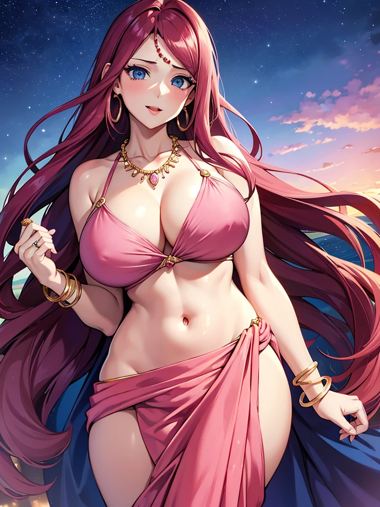 (absurderes, A high resolution, Ultra detailed, hdr), Masterpiece, Best quality, Portrait of an Indian uzumaki_kushina, extreme realistic very beautiful, animated style, closeup shot, anime in a(((pink))) indian dress (((saree))), long black wavy hair untied, head jewellery, necklace, earings, armlets, bangles and bracelets, rings, pleasant expression, bright big blue eyes, natural beauty, vibrant colors,night sky, romantic, soft lighting, vintage aesthetic,huge breast,navel, cleavage ,standing ,mouth open, saliva,tongue out,face on front