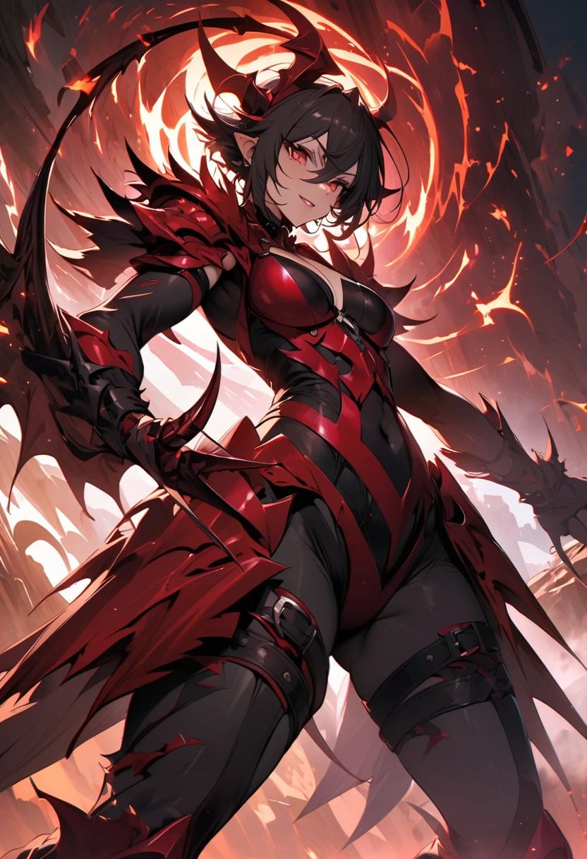(best quality, masterpiece, ultra highres, ultra-detailed:1.2) ,Graffiacane the demon of Malebolge,(female Demon,long claws),jagged wings,background:The fifth layer of hell,magnificent,dynamic angle,