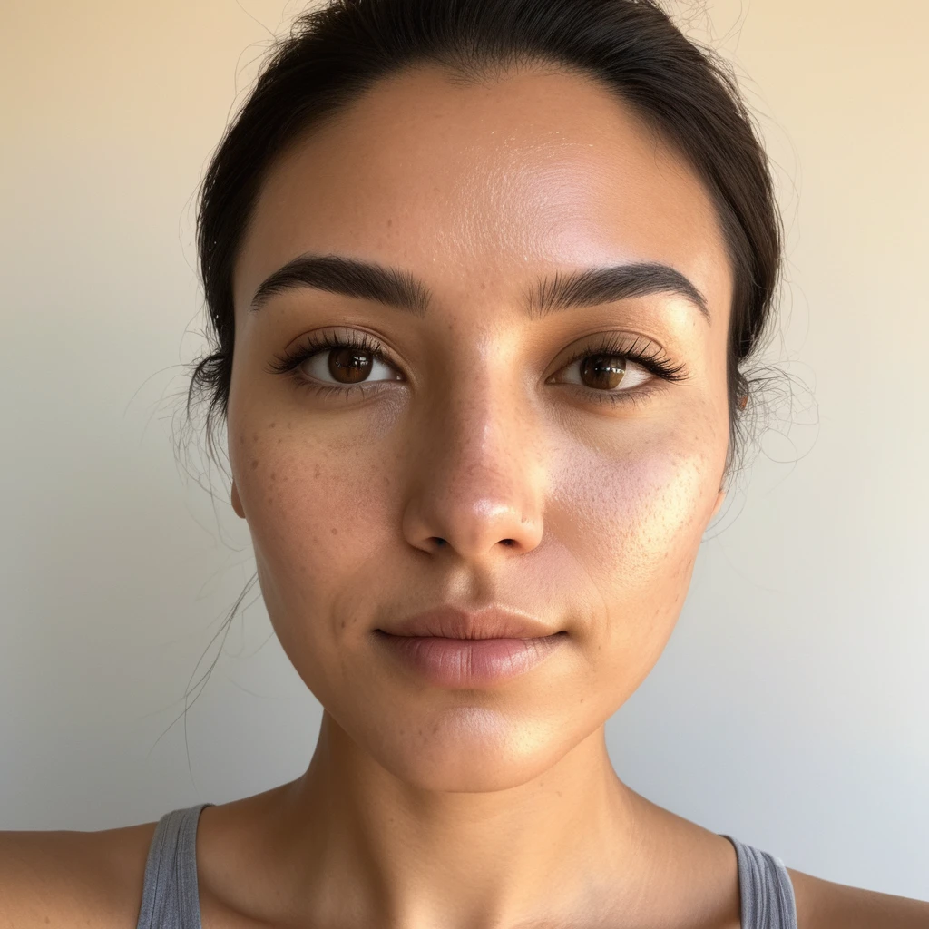 (front facing the camera),(Skin texture, pores, natural,iPhone,BRUT)), bright and sunny lighting, Full body photo'a woman with her hair styled to the side and wearing a ((tight)) elastic top with long sleeves and straps,looking straight at the camera, iPhone 12, realistic dark skin,American teenage bedroom,