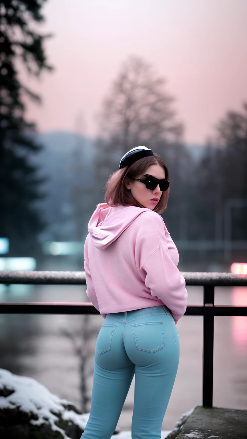 Analog photography featuring a melancholic American adult model (Ivy Snow) amidst the shadows of a dimlit mountain at night, blonde curvy-girl (18yo, Smokey eyes, very pale skin(PORCELAIN SKIN), large breasts, tightened thighs, huge ass, Chubby blonde-girl)-Bold pink-lips, Pout face expression. Her bright blue-eyes(piercing through the darkness). Ivy Snow relaxes at home in a cozy oversized sweater paired with distressed boyfriend jeans, capturing a comfortable yet stylish everyday look. Standing all in CANDID poses, with her hands holding a plastic-bag. The photograph captures the cold and foggy of the night(with its Sad atmosphere and the sense that something oppressive is about to unfold). A subtle haze and a soft focus on the background enhance the quality of the image, (backlighting), Horror movie effects, The natural light casts long shadows, accentuating the desaturated colors and oppressive & frost atmosphere of this vintage-photography-style image. A 70mm grainy film captures the scene, with a bokeh effect softening the focus, -enhancing the overall composition.(((in a pink/teal colors palette theme))), Dutch Angle/Tilt: The camera is tilted to create a sense of disorientation or artistic tension. (((in a NEON pink/INDIGO colors palette theme)))
