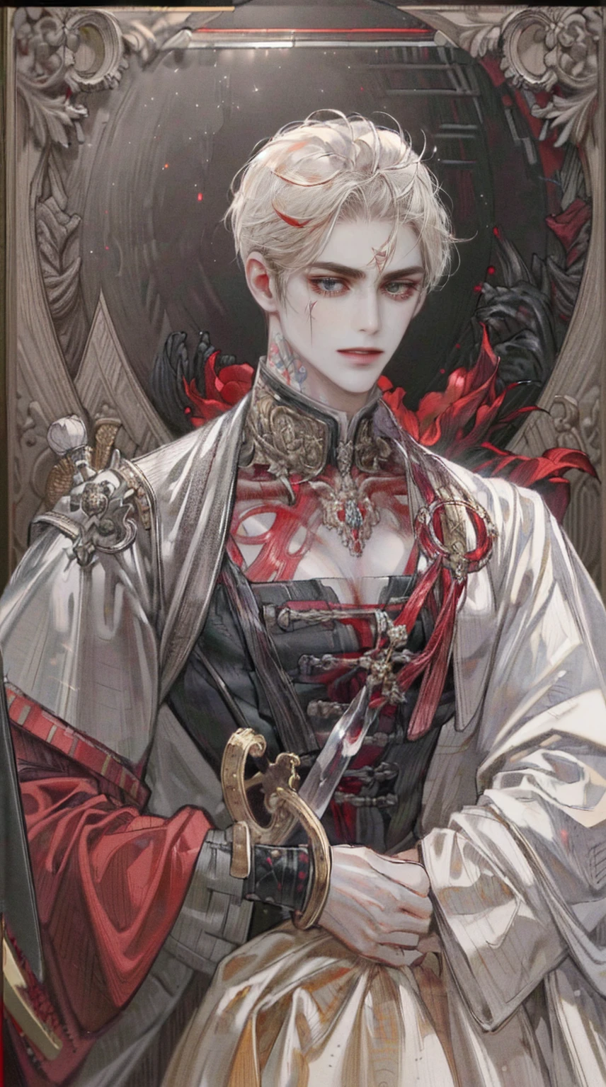 (((8K, RAW photogr, Best quality at best, tmasterpiece: 1.4))), (((Man with a sword))), Ultra-high resolution, ultra - detailed, lamplight, Close-up cleavage, Handsome men, red eyes, (Detailed eyes, The eyes are bright:1.2), Black medium long hair, Vampires, pale-skinned, ear piercings, dark, Blackn clothes, Meticulous clothes, gold accessories on clothes, Sharp Fangs, (perfect anatomia:1.2), Highqualityshadow, natural lightting, (White highlights:1.2), natta, overcast day, (neck tattoos:1.2), (starrysky:1.2)