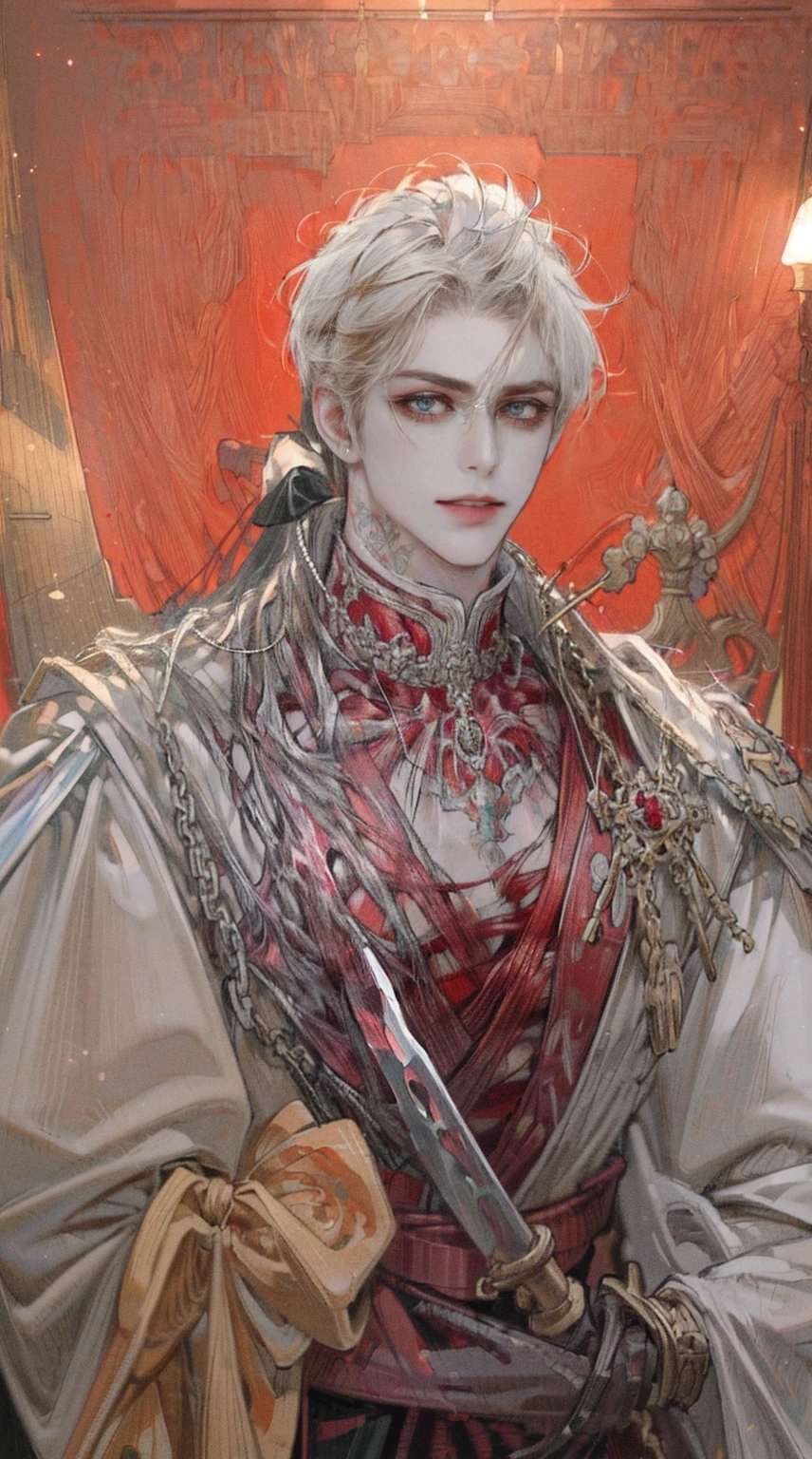 (((8K, RAW photogr, Best quality at best, tmasterpiece: 1.4))), (((Man with a sword))), Ultra-high resolution, ultra - detailed, lamplight, Close-up cleavage, Handsome men, red eyes, (Detailed eyes, The eyes are bright:1.2), Black medium long hair, Vampires, pale-skinned, ear piercings, dark, Blackn clothes, Meticulous clothes, gold accessories on clothes, Sharp Fangs, (perfect anatomia:1.2), Highqualityshadow, natural lightting, (White highlights:1.2), natta, overcast day, (neck tattoos:1.2), (starrysky:1.2)