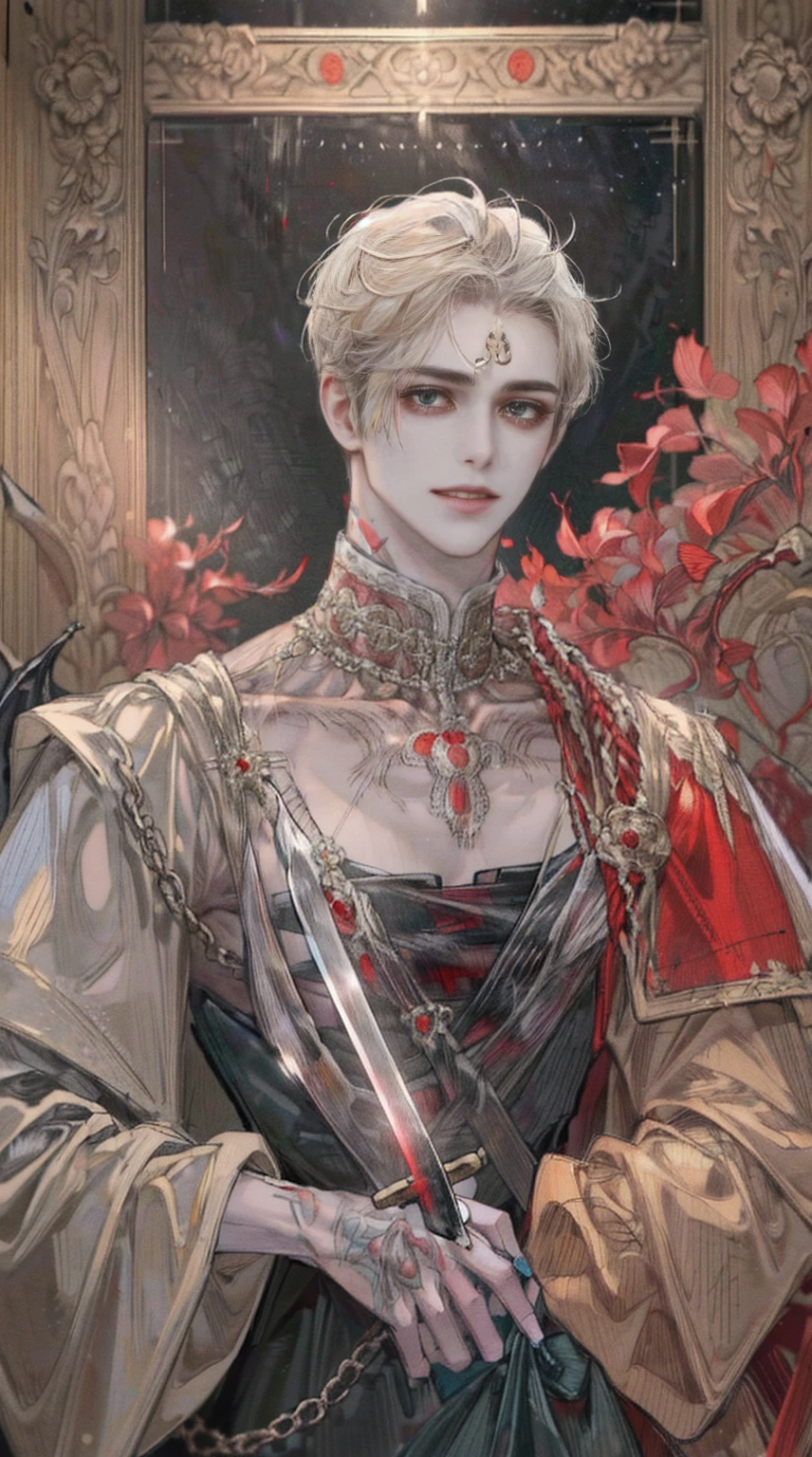 (((8K, RAW photogr, Best quality at best, tmasterpiece: 1.4))), (((Man with a sword))), Ultra-high resolution, ultra - detailed, lamplight, Close-up cleavage, Handsome men, red eyes, (Detailed eyes, The eyes are bright:1.2), Black medium long hair, Vampires, pale-skinned, ear piercings, dark, Blackn clothes, Meticulous clothes, gold accessories on clothes, Sharp Fangs, (perfect anatomia:1.2), Highqualityshadow,  natural  lightting, (White highlights:1.2), natta, overcast day, (neck tattoos:1.2), (starrysky:1.2)
