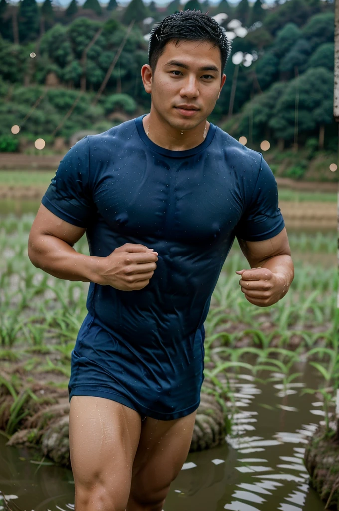 独奏 , 1 person , Image of a handsome Asian rugby player, short hair, no beard, muscular, big muscles, wearing a navy blue round neck t-shirt, wet, outdoors, rice field, countryside, cows, Thailand, Laos, Burma, Asia. ,(bokeh background:1.5)