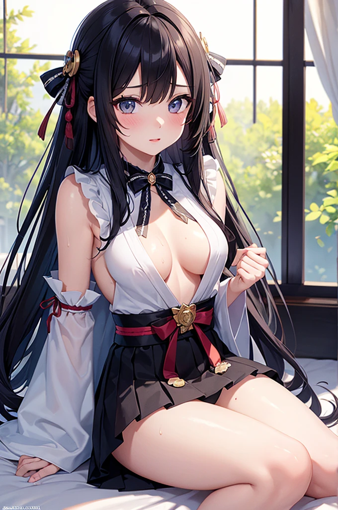 Highest quality, masterpiece, 4K, Highly detailed face, Highly detailed skin, Highly detailed wallpaper, Japanese anime, Second Dimension, Small face, Big Breasts, Normal body, Accurate body, Fine skin, Very beautiful cleavage, NSFW, whole body, One girl, A face that makes you want to have sex, On the bed, Sweaty, Cosplay, , mini skirt, Cowgirl, Angle from below