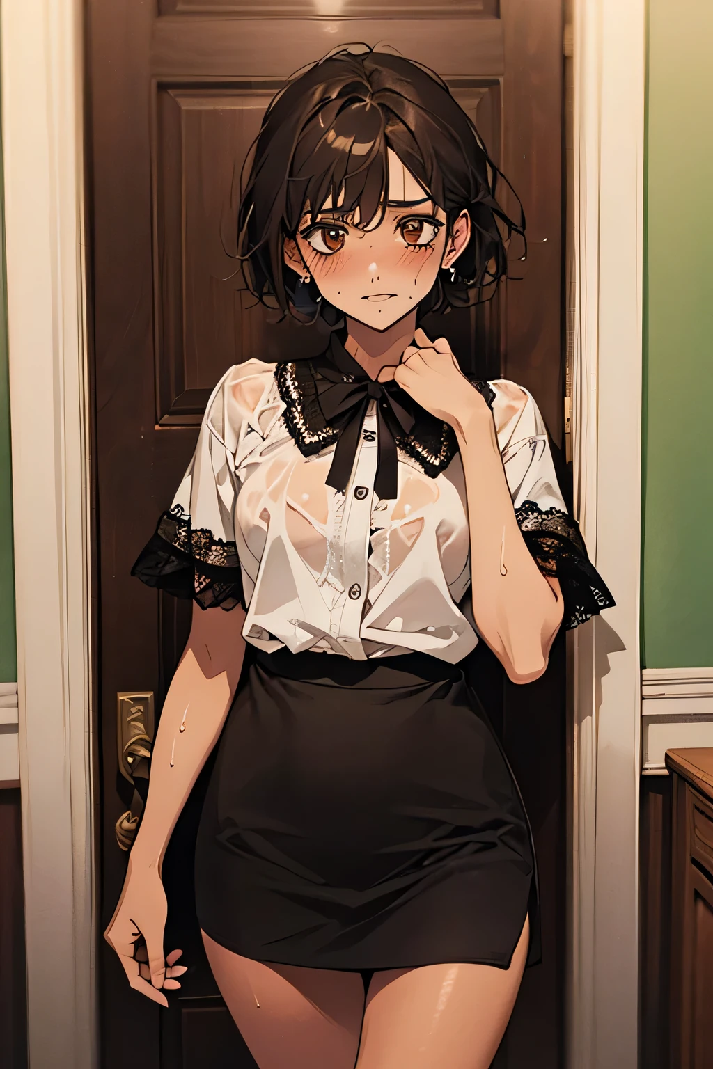 Highest quality,Cowboy Shot,Are standing,short hair,((Soaking wet)),(Black Hair),((anger:1.1)),((Embarrassing:1.1)),((Blush 1.5)),Soaking wetの白いフリル付きブラウス,Accurate hand drawing,((Brown Skin:1.5)),Dark purple miniskirt,((Lift up your skirt)),((Showing off panties to the audience)),Black lace panties. The background is the front door of the house,noon.