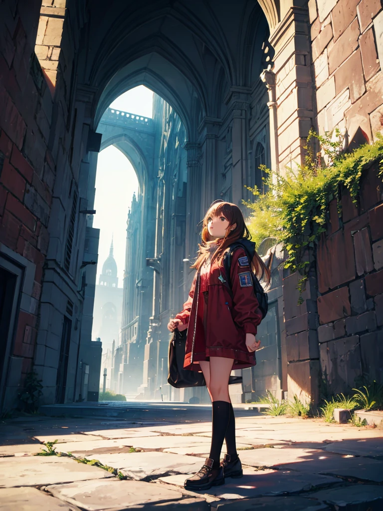 a young female  adventurer, she is standing in front of the tower, looking up, low angle, the background, A huge tower nestled in a magnificent canyon, magnificent and fantastic scenery, beautiful girl, vivid color