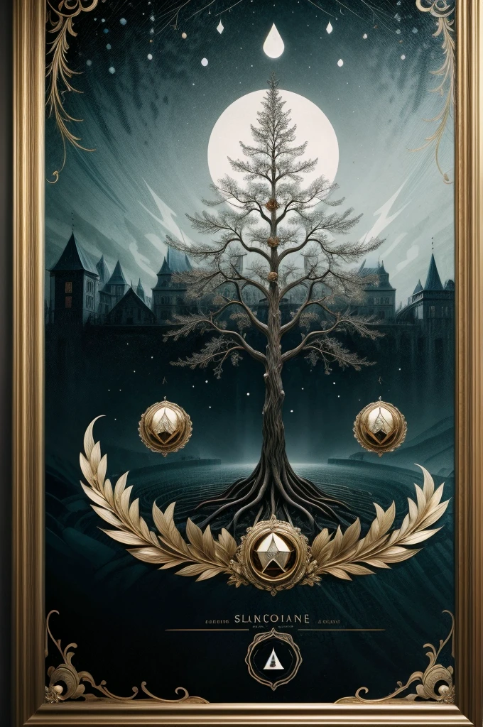 Nordic tree-shaped solitaire，Flat style， abstract artistic，Graphic design，symmetry, Math, Renaissance, Oil painting, 2D canvas, highly detailed, complex, Classic paint, Black monochrome, crystals, opulent, lap, gothic ornament, Graphic design
