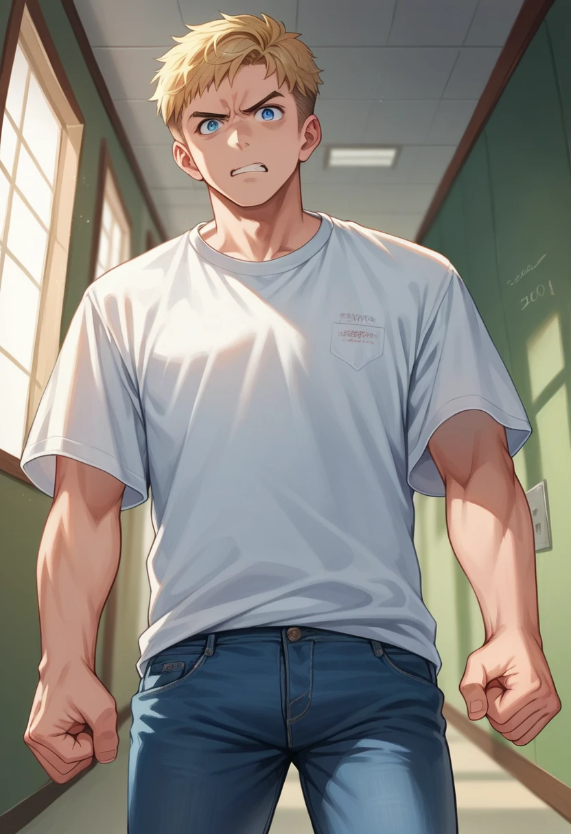 Illustration, detailed illustration, ultra detailed, masterwork, 1boy, 20 year old man, angry expression, anguished expression, upward angle, looking at viewer, short blonde hair, blue eyes, hallway, rugby shirt, jeans, clenched fist