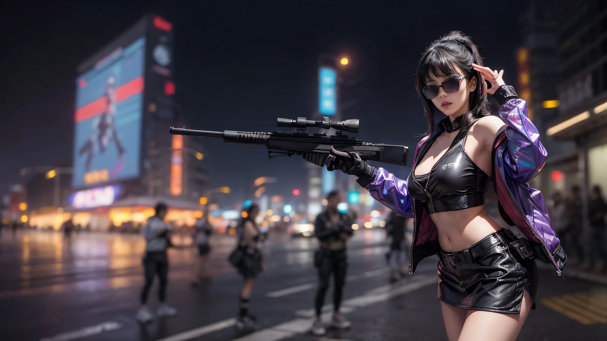 8k, Realistic Skin Texture, Realistic Photo, Neo Tokyo, slim Japanese women, large-breast:1.3 cleavage:1.2, AD2050 at night, Dirty hunting jacket, Wearing tube top, miniskirt, (((black sunglasses, automatic rifle, sneakers, cold, shooting pose, low angle view))), Innovative composition, revenge, cyberpunk, blade runner worldview, Large neon sign, Geisha hologram sign, Strong Wakamoto Sign.