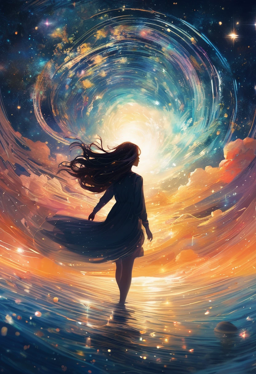 Winged Girl、Flying Girl、Starry Skyを飛ぶ少女、color々なcolorの星の光、diego gisbert lawrence、Joe San Gonzalez Dan Mumford、Picture book illustrations、Psychedelic Art、One Girl、Starry Sky、nebula、Swirl、water、vague、superwide shot、Highest quality、Ultra-detailed、Intensive、Golden ratio composition、