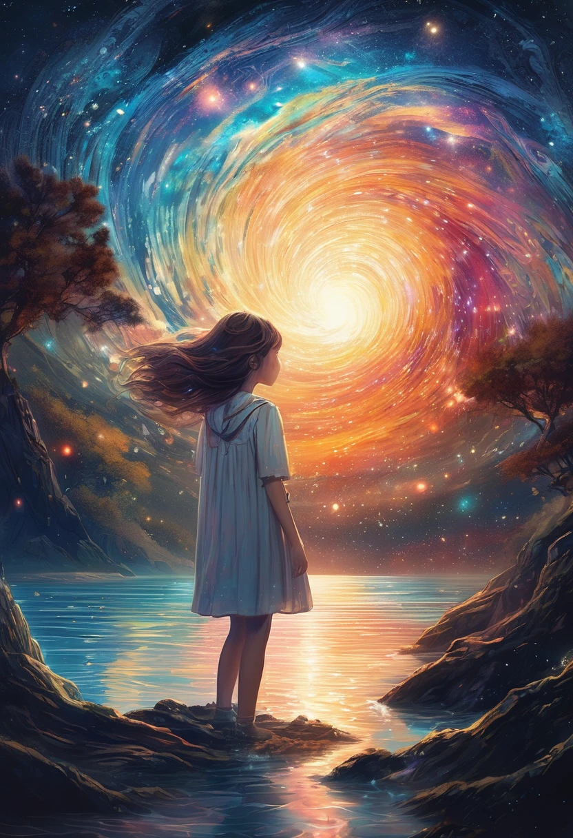 Winged Girl、Flying Girl、Starry Skyを飛ぶ少女、color々なcolorの星の光、diego gisbert lawrence、Joe San Gonzalez Dan Mumford、Picture book illustrations、Psychedelic Art、One Girl、Starry Sky、nebula、Swirl、water、vague、superwide shot、Highest quality、Ultra-detailed、Intensive、Golden ratio composition、