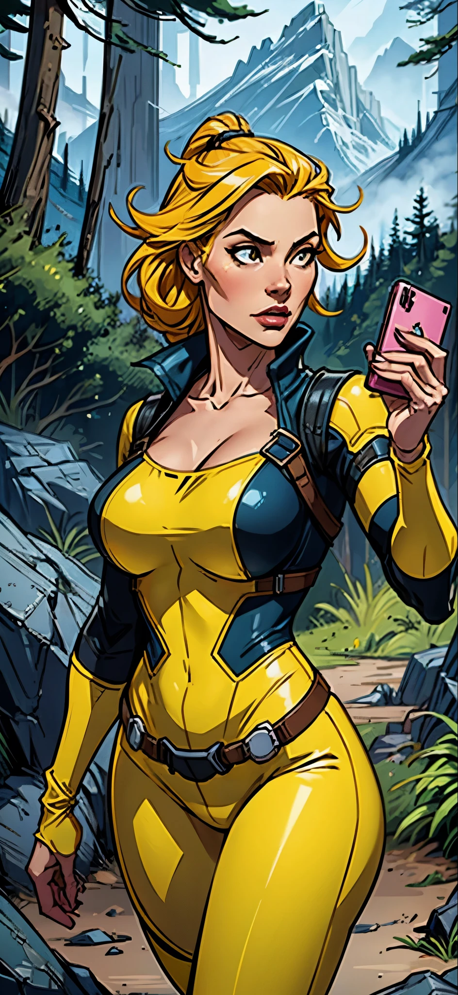 Create an image of a female adventurer wearing bright yellow clothes, showing a clear lack of interest in a smartphone. She should be holding the phone, but her focus should be on something else, such as the scenery around her or an adventure map. The setting can be an outdoor location like a forest or mountain trail, emphasizing her adventurous spirit. The overall mood should convey her disinterest in technology and her preference for the natural world.