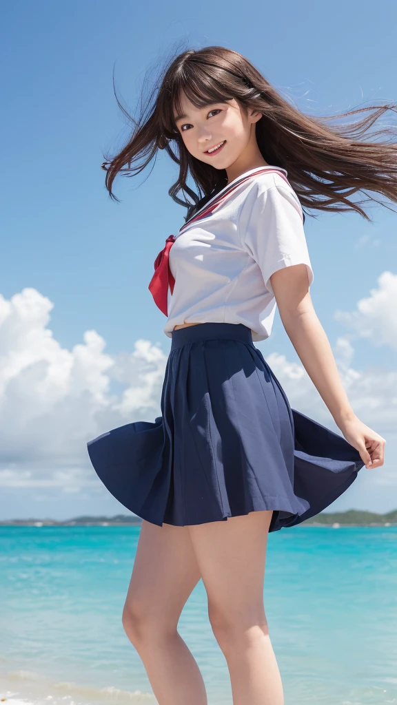 1girl,(((Okinawa ocean)))、(((White sand beaches in Okinawa)))、(((Just join your hands and pray)))、(((Mysterious look)))、8k UHD、Digital single-lens reflex camera、High resolution、Shallow depth of field、Natural light、(((オフショルダーで腕を上げて美しい脇の下をみせてくれる)))、(((Sailor suit)))、(((navy blue super mini skirt)))、(((A sparkling, charming smile)))、(((Full body photography)) )、Small person、(((Young face)))、1 Japanese female、12 years old;beautiful girl、(Black Hair)、A strong wind blows up my skirt、(((Brown eyes)))、Glowing Skin、Smooth Thinning Hair、Long Hair、Detailed background、Detailed eyes and face、Clear Eyes、Cute smile、Calm atmosphere、(((stage)))、(((Small breasts)))、(((Beautiful Eyes)))、Flat chest、Children、(((Toned thighs))) 、(((Angle from below) ))、(((Fine lips)))、(((Skirt fluttering)))、Shining beautiful legs、( Skirt fluttering violently in the strong wind :1.4), (hair blowing in the strong wind:1.4), (leaning forward)、barefoot、barefoot、((((A skirt flipped up by a strong wind))))