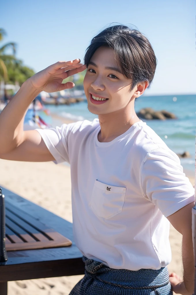 (Create a masterpiece: 1.2),(CGI art:1.3),(realistic:1.5),(After processing:1.3), (Sharp focus:1.3), 1 man, open mouth, smile, (Navy blue round neck shirt), Navy cargo pants, Korean guy , korean men, (High gloss details), chest muscles, large arm muscles, blood vessel, Big muscles, Broad shoulders, looking at the audience, Balancing the eyes, Seaside, beach, sunlight, running towards the camera