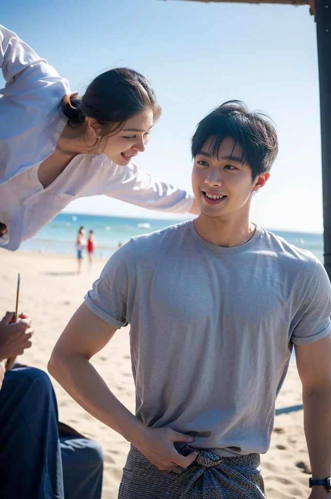 (Create a masterpiece: 1.2),(CGI art:1.3),(realistic:1.5),(After processing:1.3), (Sharp focus:1.3), 1 man, open mouth, smile, (Navy blue round neck shirt), Navy cargo pants, Korean guy , korean men, (High gloss details), chest muscles, large arm muscles, blood vessel, Big muscles, Broad shoulders, looking at the audience, Balancing the eyes, Seaside, beach, sunlight, running towards the camera