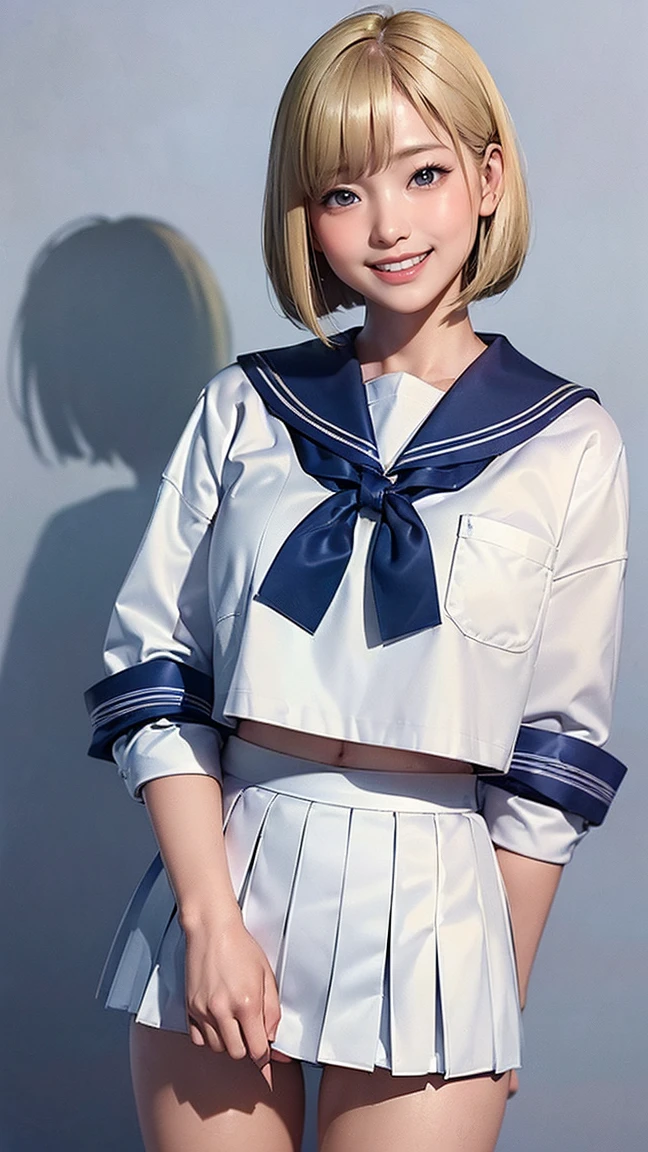 (masterpiece,highest quality,High resolution,Realistic:1.2),(A high school girl wearing a long-sleeved sailor uniform:1.2), (She is wearing a short navy blue pleated skirt, so a little bit of her white panties are visible.:1.2),(Smiling with some teeth showing:1.3),(bob cut, blonde, gal makeup:1.3),(beautiful hands:1.3),(woman&#39;s hand:1.3),(Reduce exposed skin,The belly is not exposed:1.2),(cowboy shot:1.5),(16 year old Japanese female:1.2),(clothing that fits:1.2),(school hallway:1.3), (camel toe:1.3), (big butt, thick thighs:1.2), (A is seen from below:1.4)